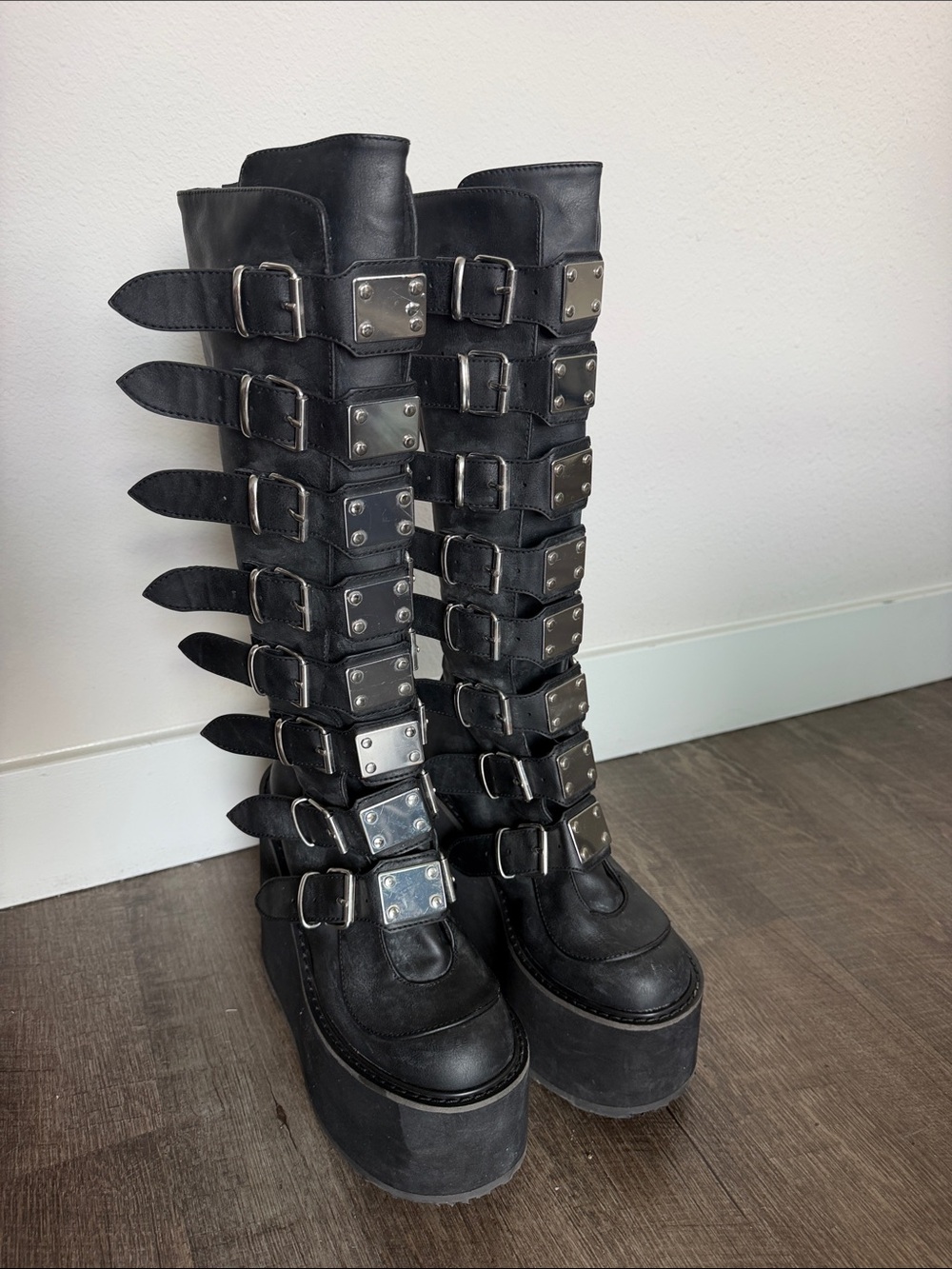 Tall Black Platform Buckle Knee-High Boots